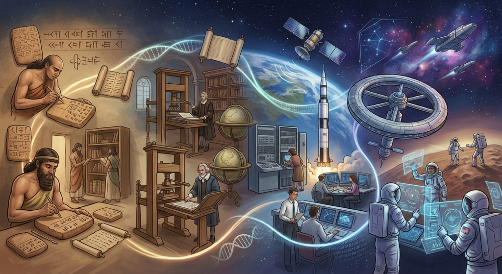 evolucao humana da escritura ate exploracao espacial
