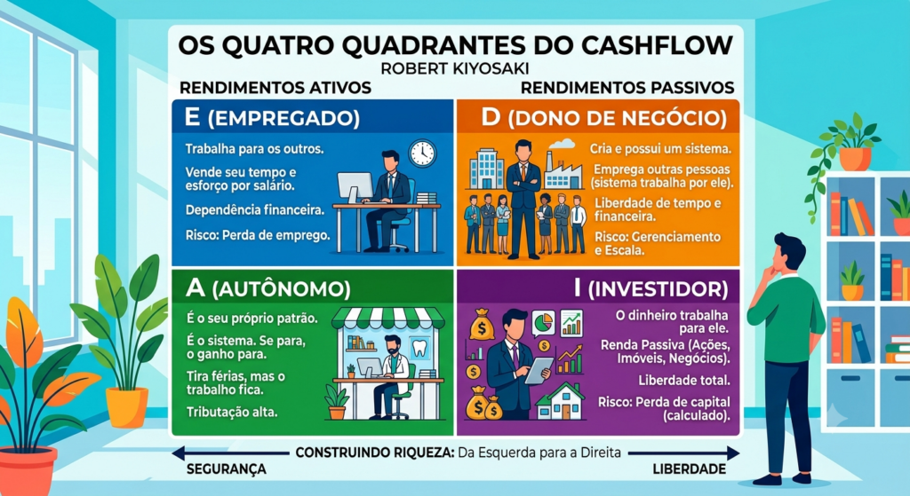 Os quatro quadrantes são: E (Empregado), A (Autônomo), D (Dono de negócio) e I (Investidor).